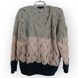 Suzanne Betro Signature Minnie Y open weave v neck color block sweater L/XL